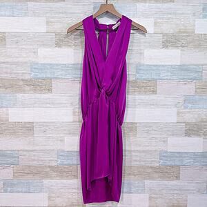Ramy Brook Silky Satin Drapey Twist Front Mini Dress Purple Party Womens Medium
